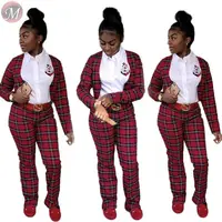 

9082607 new stylish fashion Office Lady Elegant Sexy Formal plaid print women career suits two piece pants set