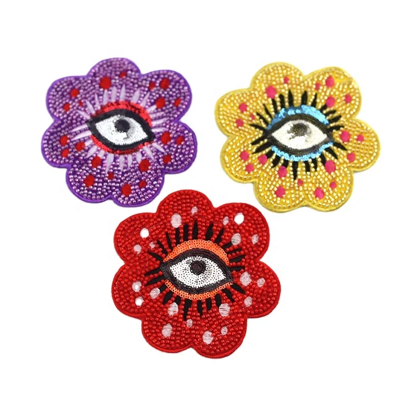 

unique flower and eyes design motif sequin embroidery sew on patches with glass bead sew on garment accessories