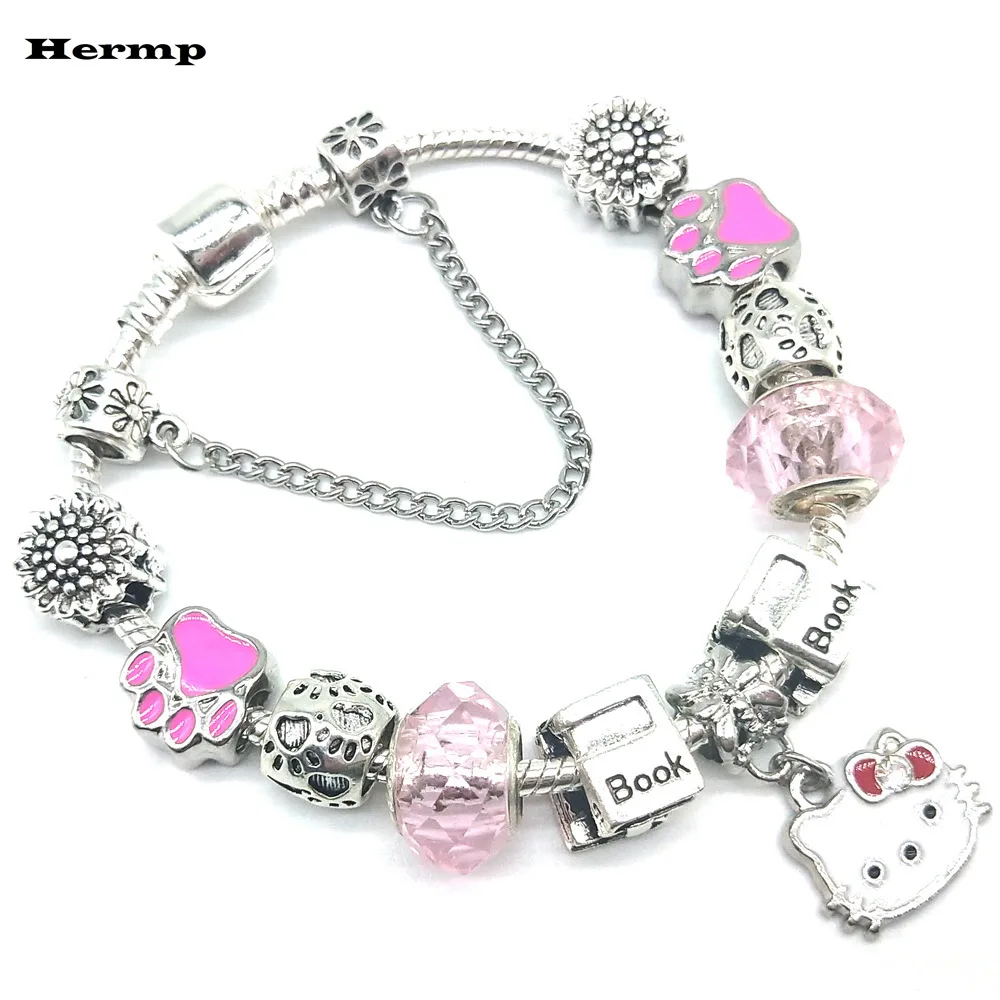 

DIY Charm Bracelets Pulseras Girls Kids Jewelry Hello Kitty Beaded Bracelet Bangles Custom Removable Crystal Charms Bracelet, 6 colors