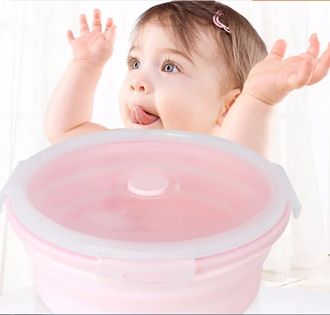

350ml Portable Silicone Folding Lunch Box Collapsible Bento Box for Kids School Lunch Box, Blue,pink