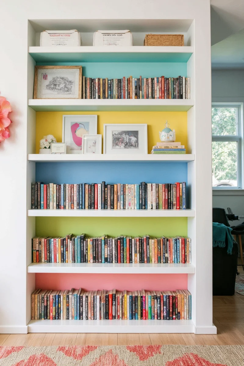 Stylishly styled colored bookshelf