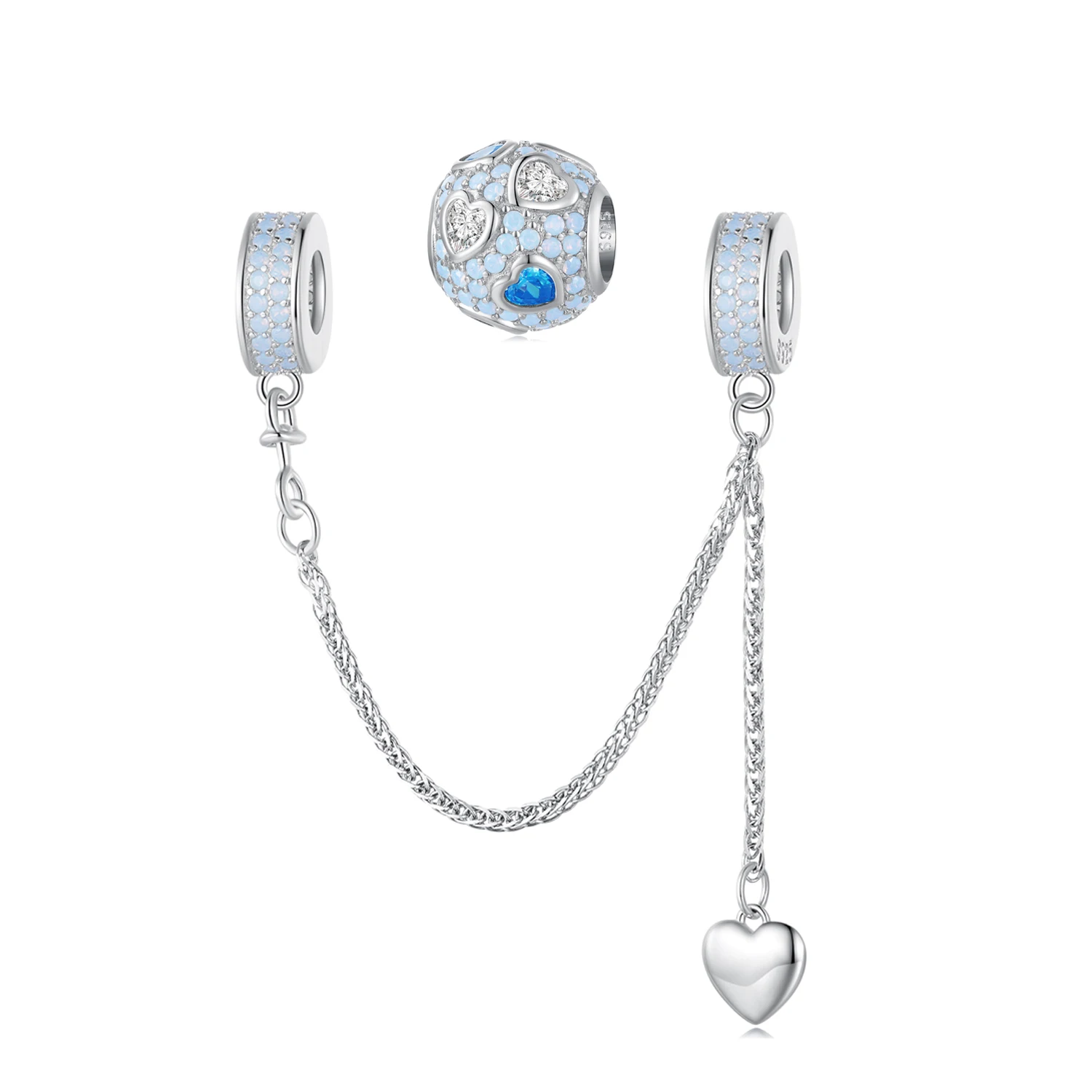 

925 Sterling Silver Heart Beads Heart Charms Heart Safety Chain for Bracelet