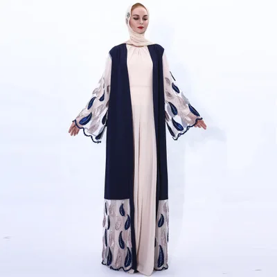 

CMX250 Fashionable woven embroidery silver silk leaf mesh outer lace up Muslim women cardigan kimono dubai abayas, Picture color