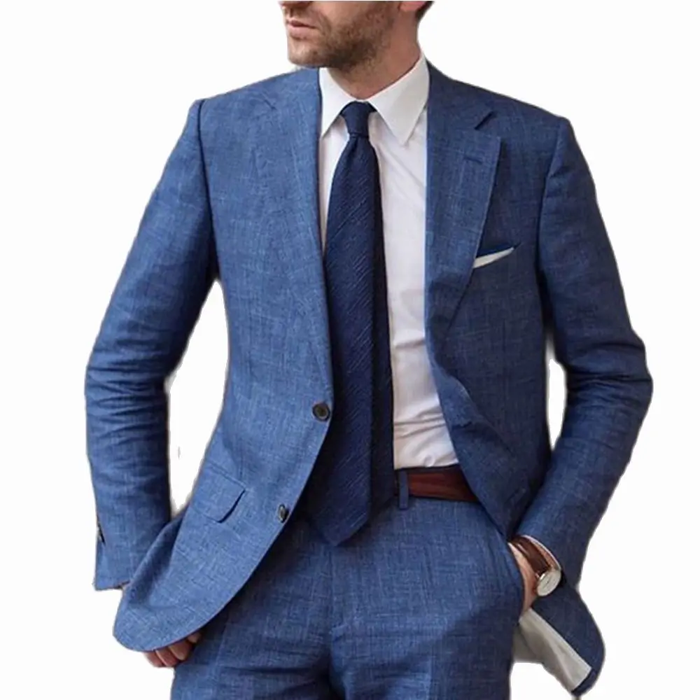 

Latest Design Blue Groom Male Suits Linen Men Suit Slim Fit 2 Pieces Tuxedo Custom Blazer Jacket+Pants, Customized color