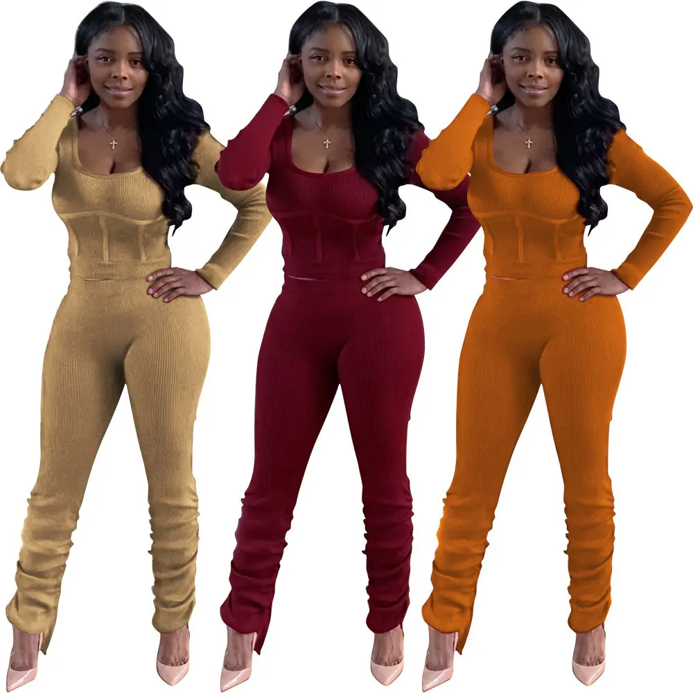 

20825-MX56 trending knitting women stacked pants two piece set sehe fashion