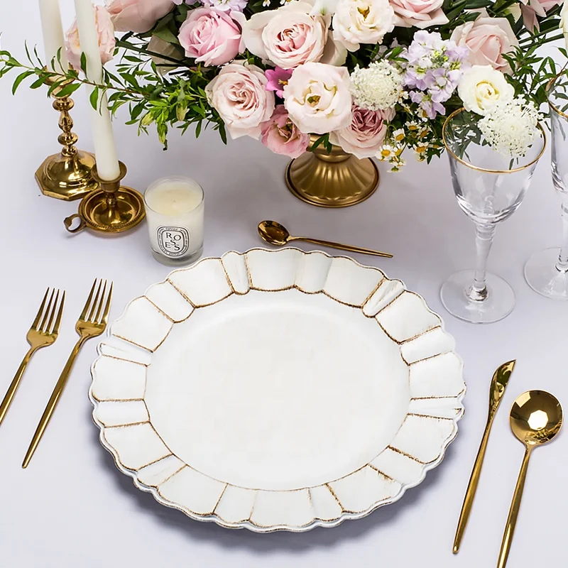 

cheap beaded White rose gold plastic charger plate navy blue silver reef table charger plates gold wedding decorative for dinner, White color