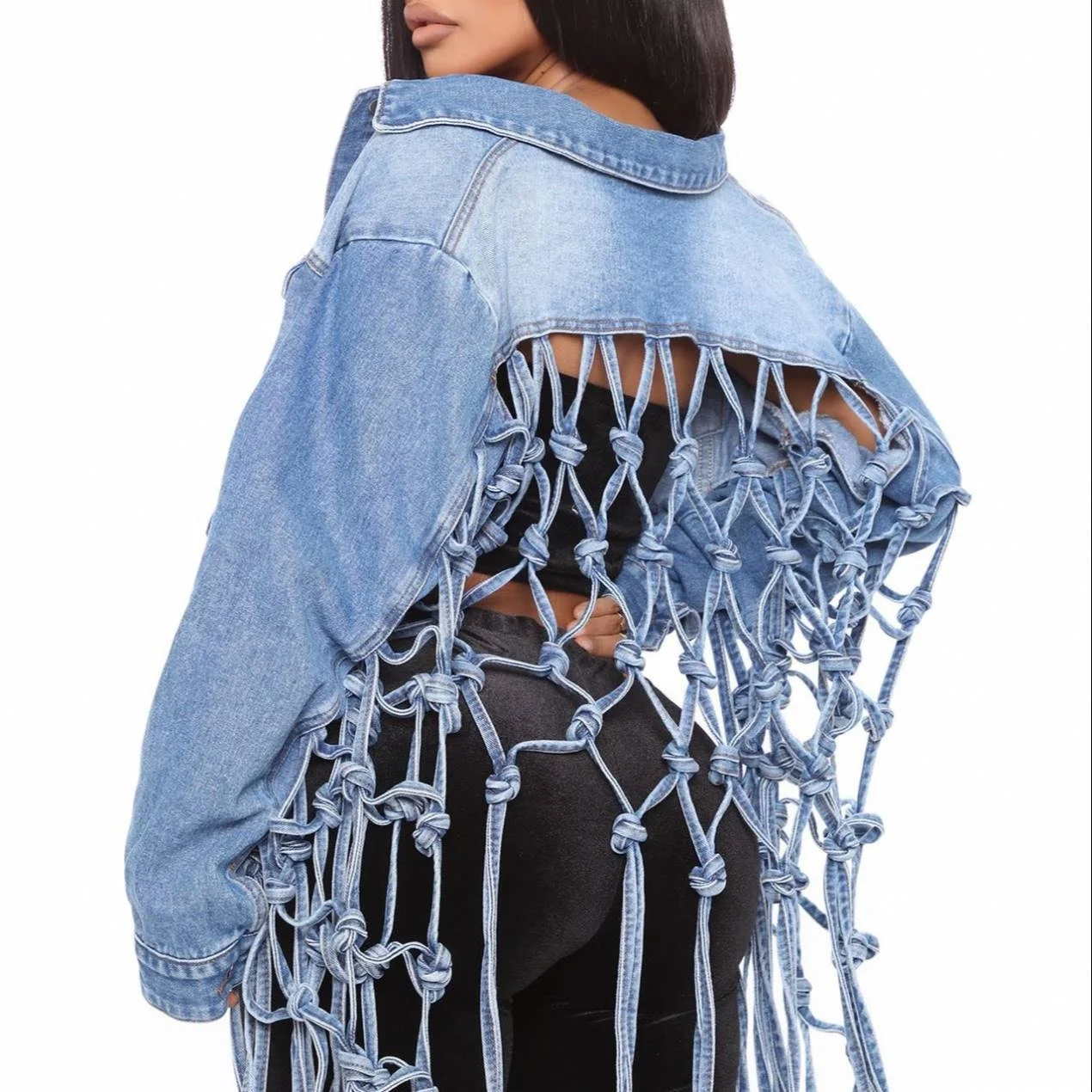 

Newest Design Autumn Fashion Solid Color Casual Loose 3xl Plus Size Women Tops 2021 Mesh Tassel Short Denim for Woman, As picture or customized make
