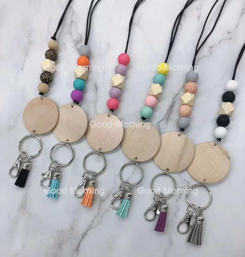 

Handmade Monogram Wooden Disc Wooden Silicone Beads Beaded Knotted Neon Colors Tassel Lanyards Necklace