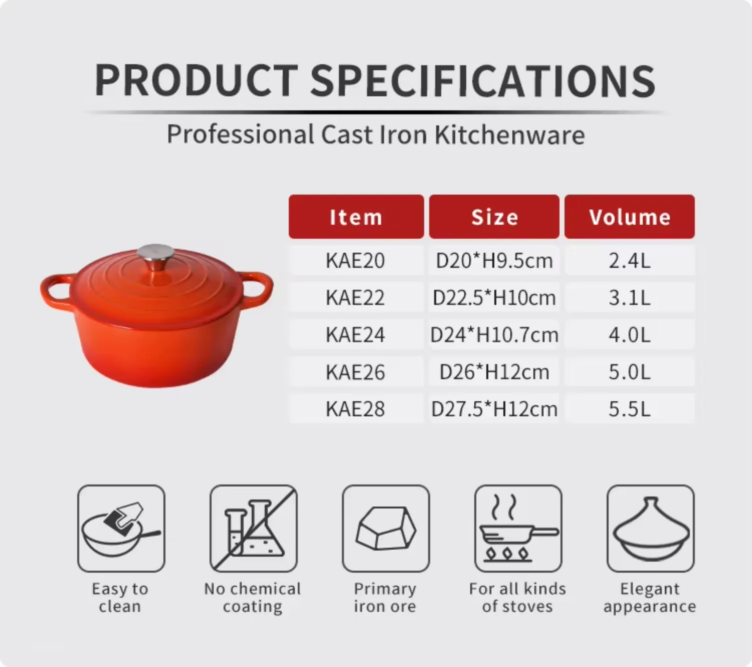 Home Kitchen Cooking French Style Orange Enameled Casseroles Dutch Oven Enamel Cast Iron Cookware
