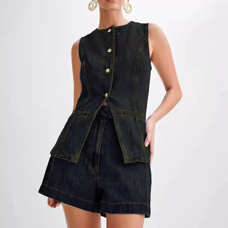 Popular Design Solid Sleeveless Bodycon Casual Two Piece Shorts Set