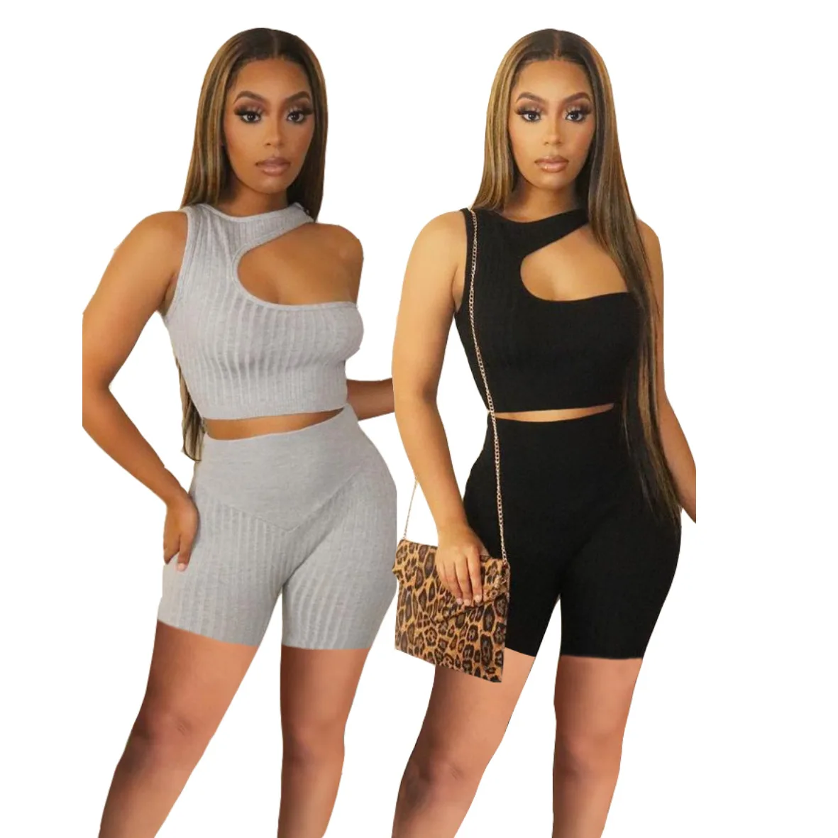 

JM023 Hot sell summer sexy sleeveless outfits for women cut out women's sets ribbed solid color two piece short set