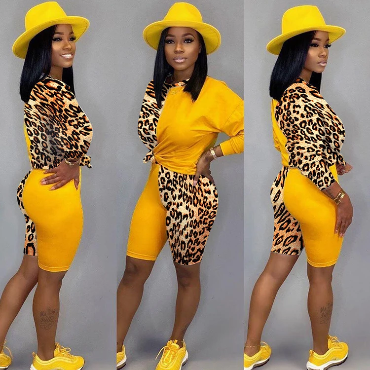 Leopard Panel Crew Neck Long Sleeve Two Piece Womens Short Sets