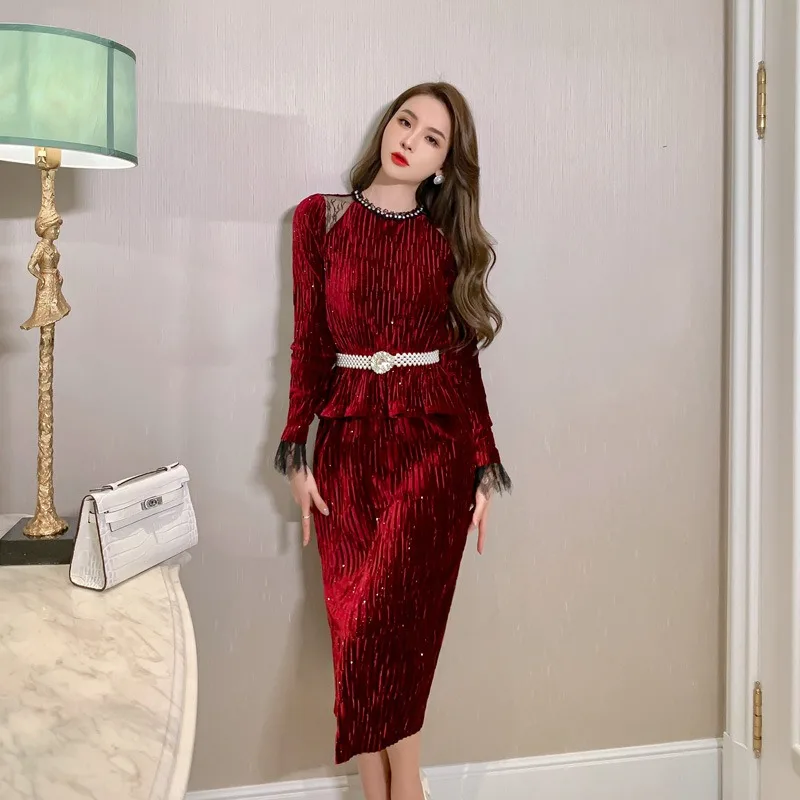 

Velvet Burgundy Two Piece Retro Elegant Ruffle Dress Slim Suit Long