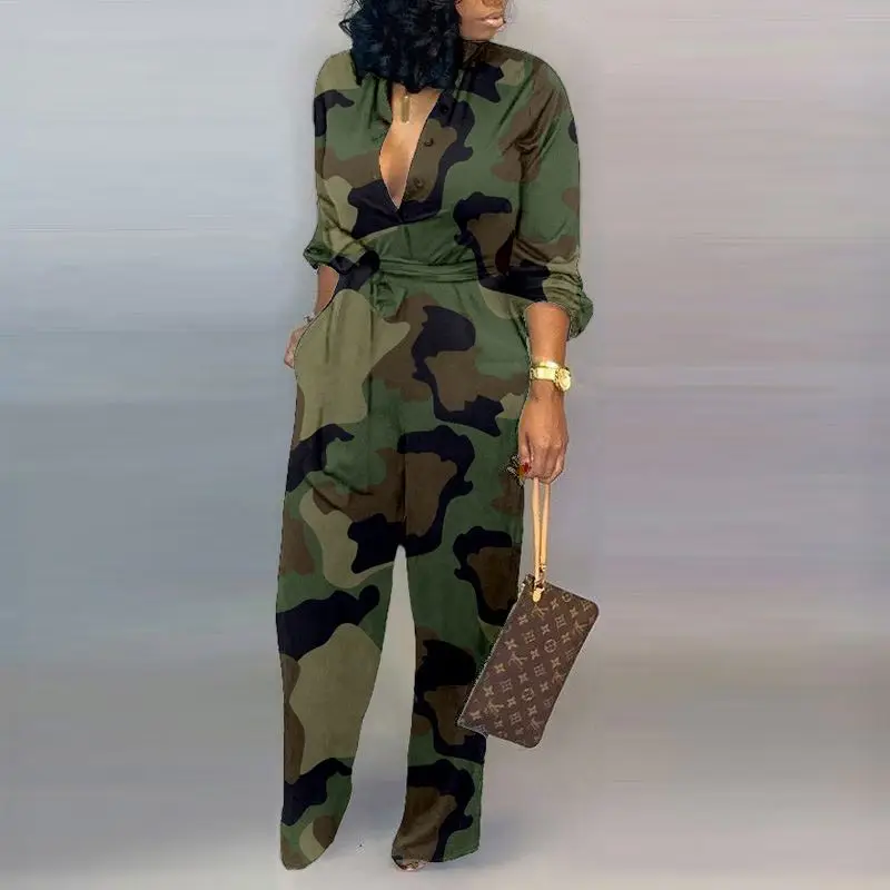 

V Neck Camouflage Print Buttoned Jumpsuit
