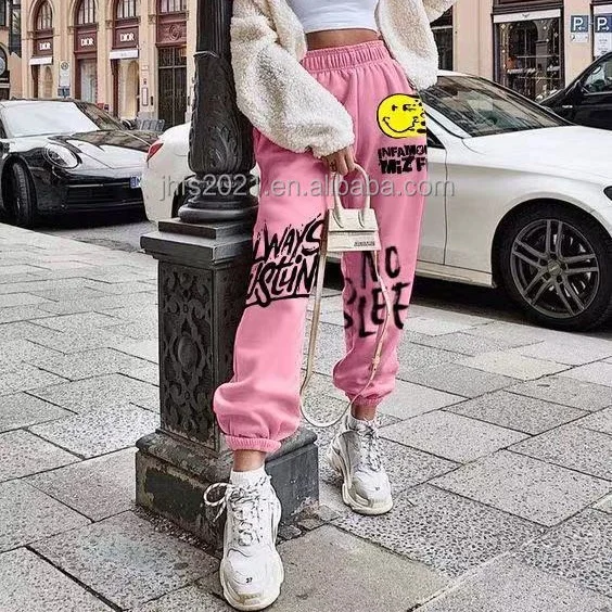 

Fall 2022 new arrivals chic design fashion thick graphic joggers women high waist drawstring long pants with graffiti streetwear, 3 colors as picture