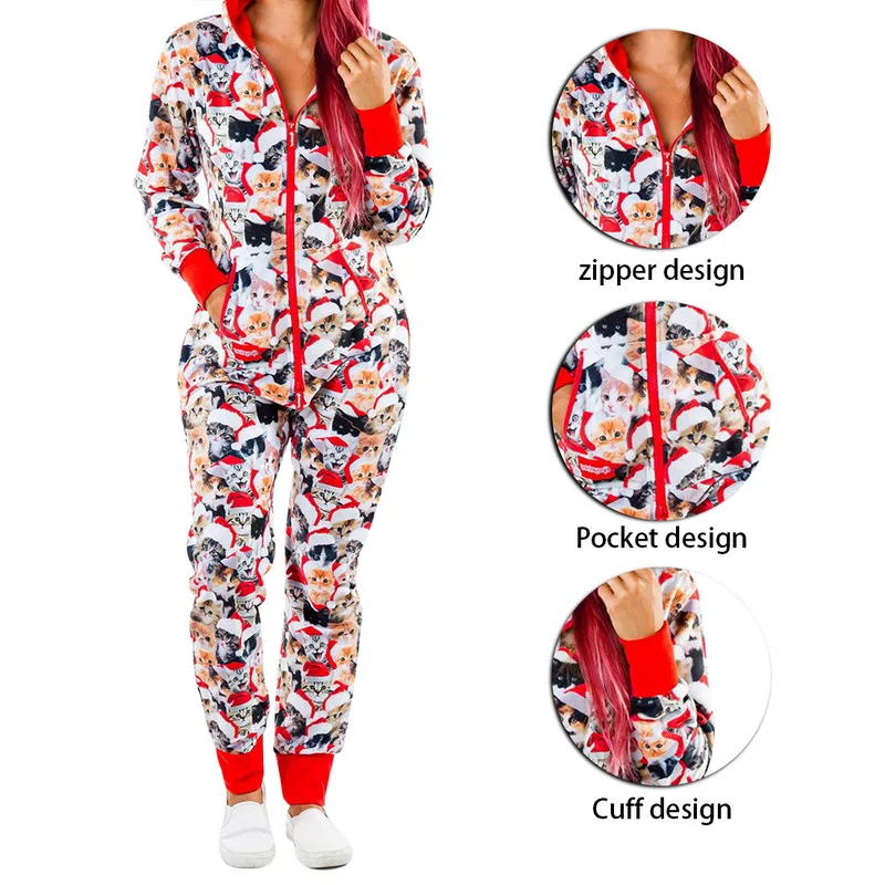 Women Christmas Print Jumpsuit Long Sleeve Jumpsuit Hooded Jumpsuit Zipper Rompers Women