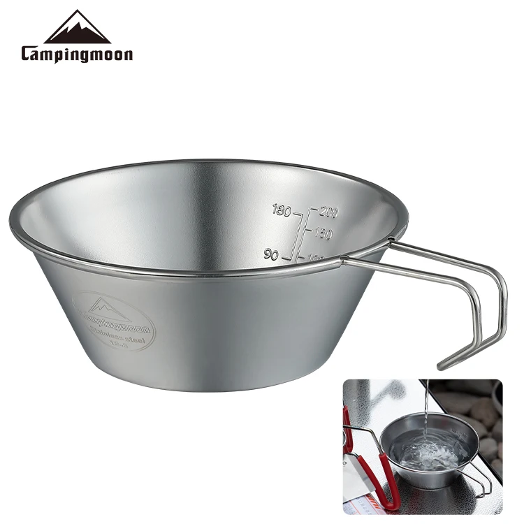 

Cmpingmoon High quality with handle 12 cm picnic Portable Outdoor Stainless Steel Bowl Multi-purpose stainless steel bowl, Silver color