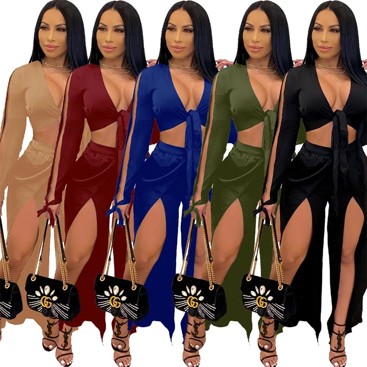 

Fashion Ladies 2 Piece Outfits Long Sleeve Sexy Split Club Wear Plus Size Autumn Women Two Piece Pants Set