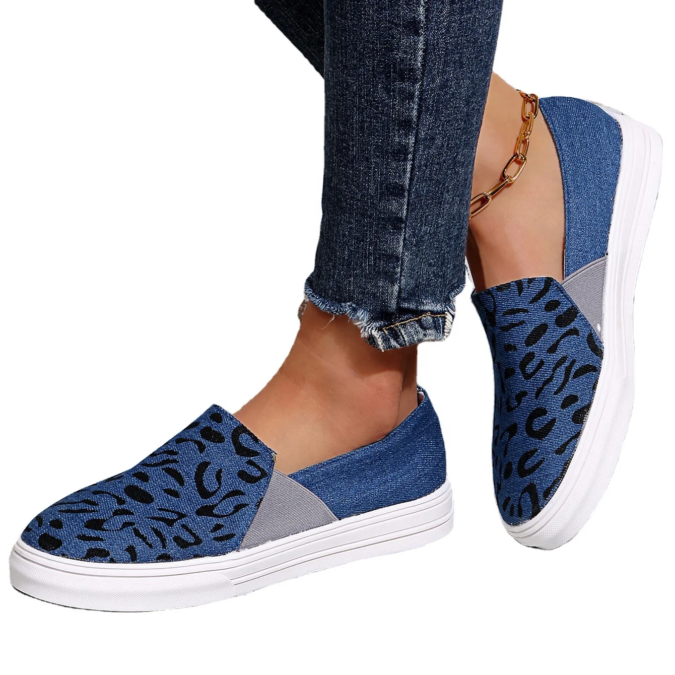 

New Design Leopard Patchwork Woman Slip On Sneaker,Plus Size Flat Canvas Loafer Shoes, Picture