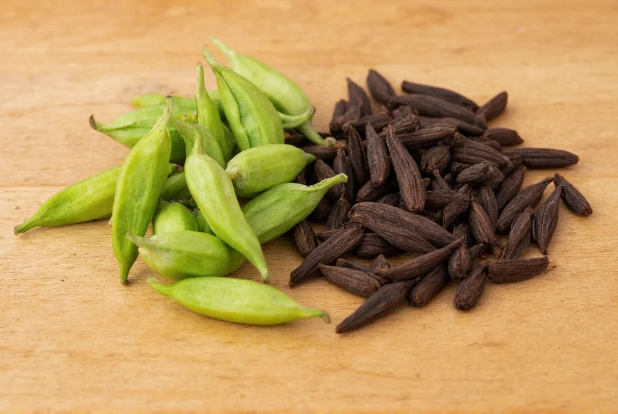 Close-up comparison of green cardamom pods and black cardamom pods side by side on wooden cutting board