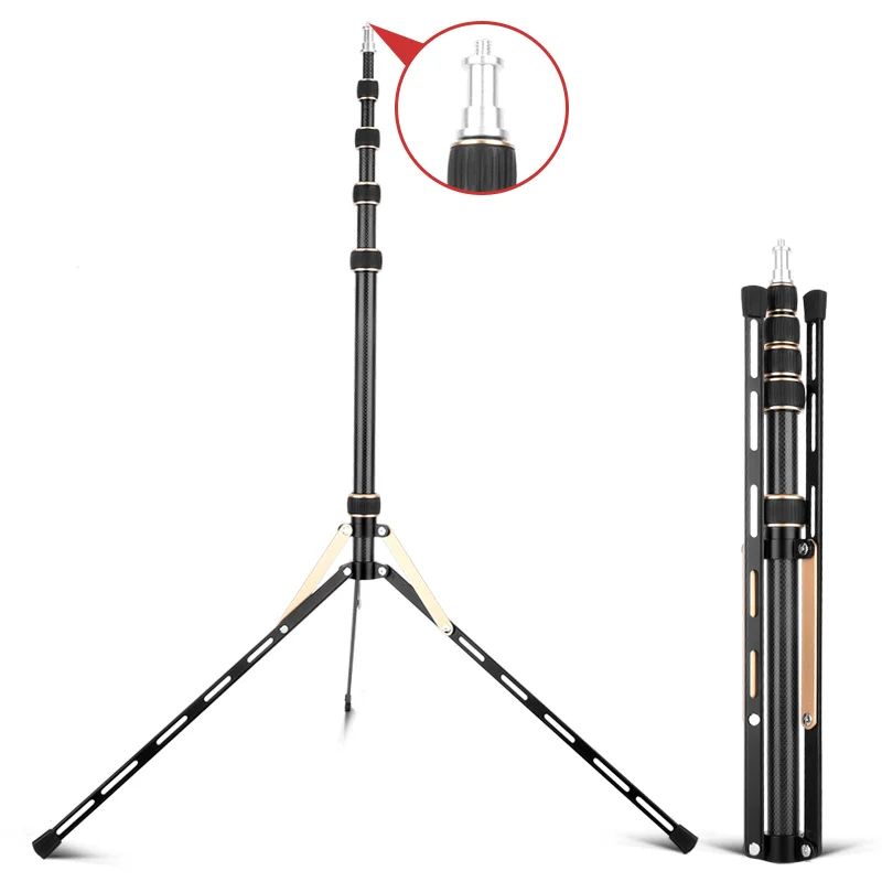 

QZSD LS255C Max Height 222CM Max Load 5KG Carbon Fiber Light Stand Professional Foldabel Ring Light Tripod For Make Up, Golden/orange