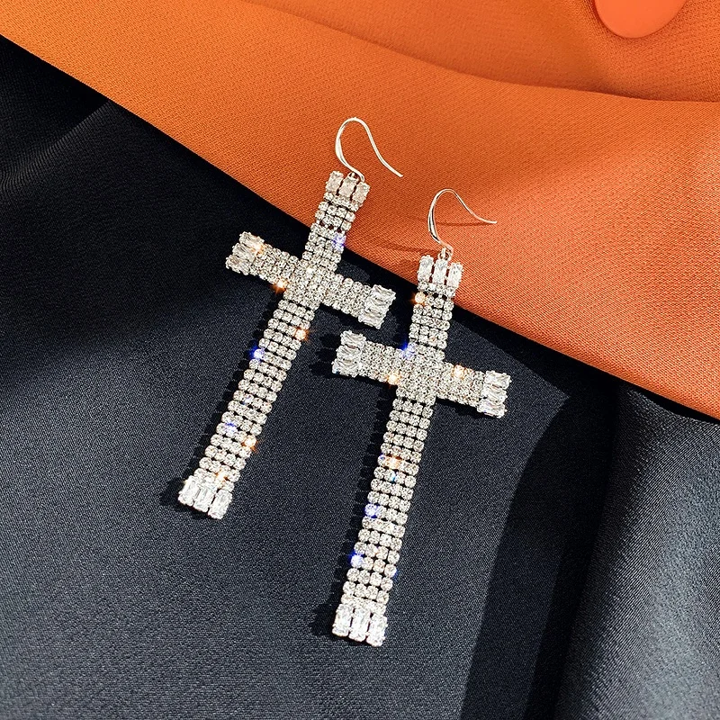 

Exaggerated Bling Zircon Cross Earring Shiny Crystal Cross dangle drop earrings for women Hip hop trend Earrings Jewelry, Picture shows