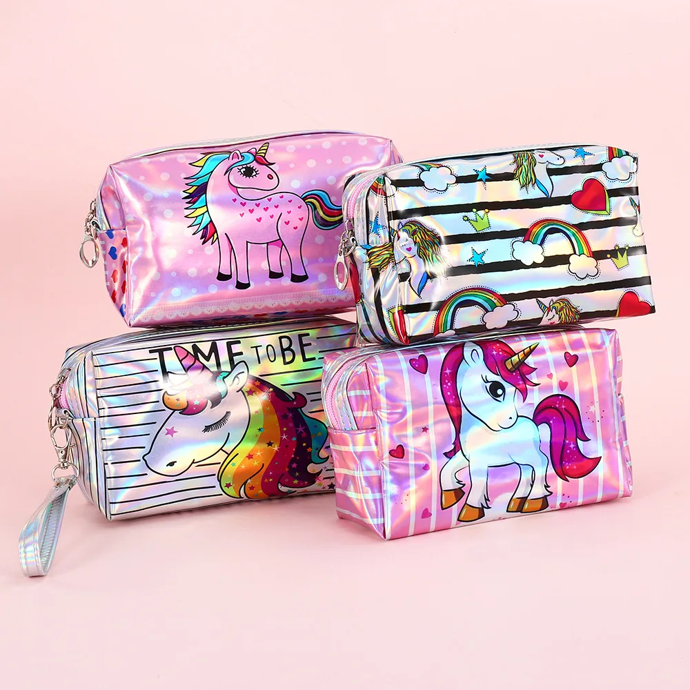 

Seaygift 2020 new PU unicorn laser makeup bag student unicorn pen bag ladies large capacity waterproof travel storage bag, Pink