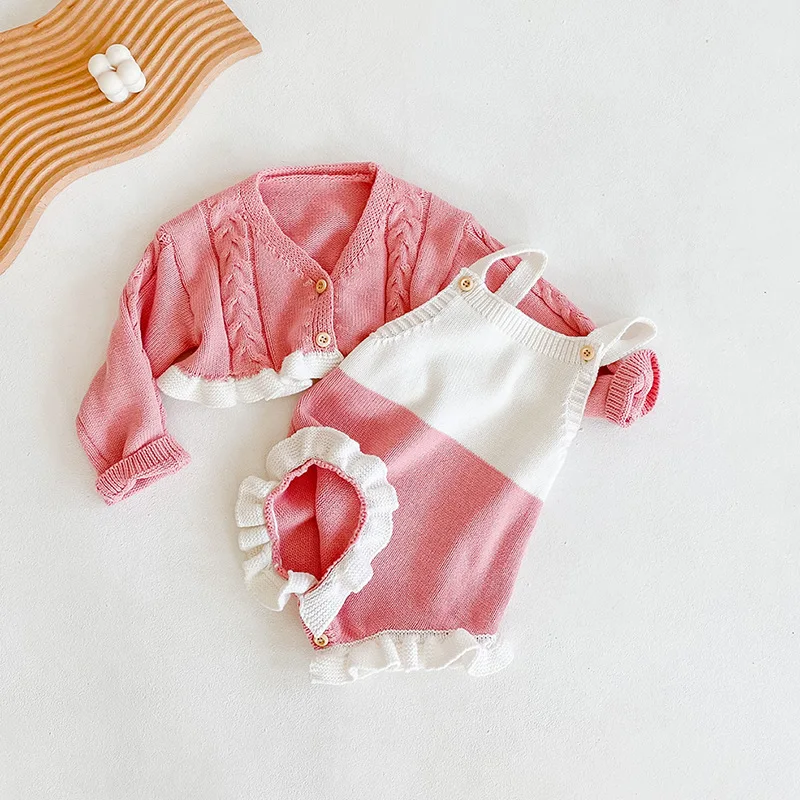 

rts 2021 new design Spring and autumn baby children baby girl suits knitted jacket with wood ears romper