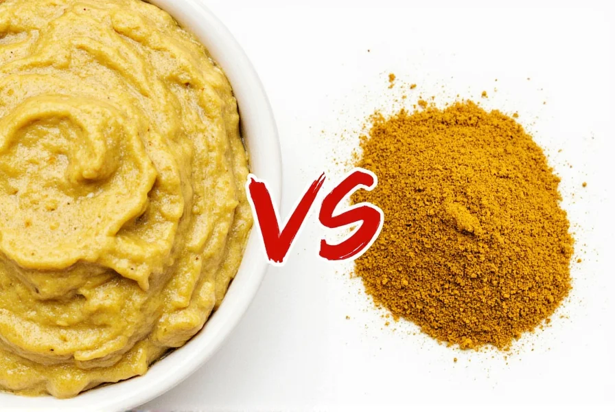 Close-up comparison of dry mustard powder and whole mustard seeds on wooden background