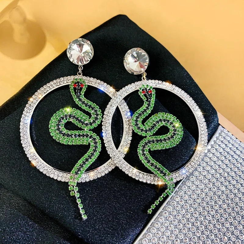 

Big Round Crystal Drop Earrings for Women Bijoux Green Snake Rhinestone Dangle Earrings Jewelry Gifts, Picture shows