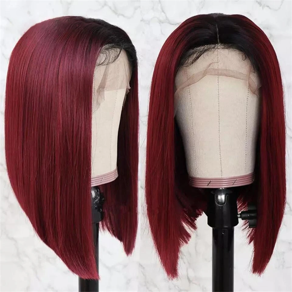 

T1b/99J Burgundy Red Ombre Short Brazilian Human Hair Pre Plucked Transparent 13x4 Lace Front Bob Wig