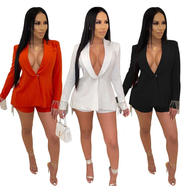 

2021 New Women's Set Solid Color Long-sleeved Fringed Set Jacket Shorts Two-piece Set, Picture color