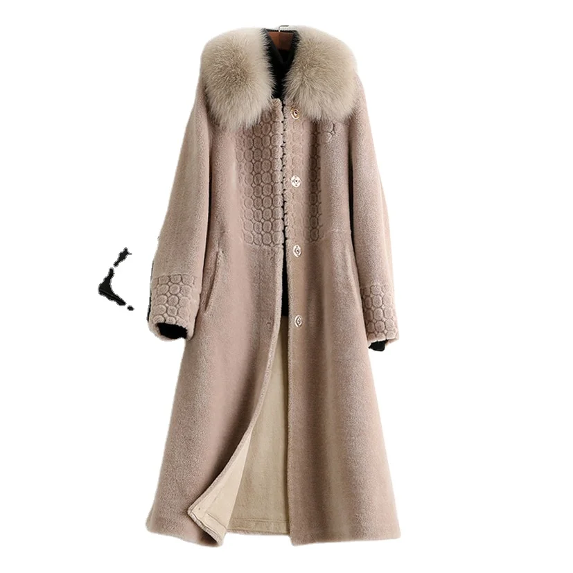 

A50016 Pudi women real wool fur coat jacket trench winter warm female sheep shearing over size parka with real fox fur collar