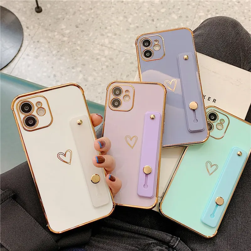 

Wrist Strap Electroplated Bumper Phone Case For iPhone 12 Pro Max 11 XR XS Max X 7 8 Plus 12 Mini 11 Cute Love Heart Back Cover