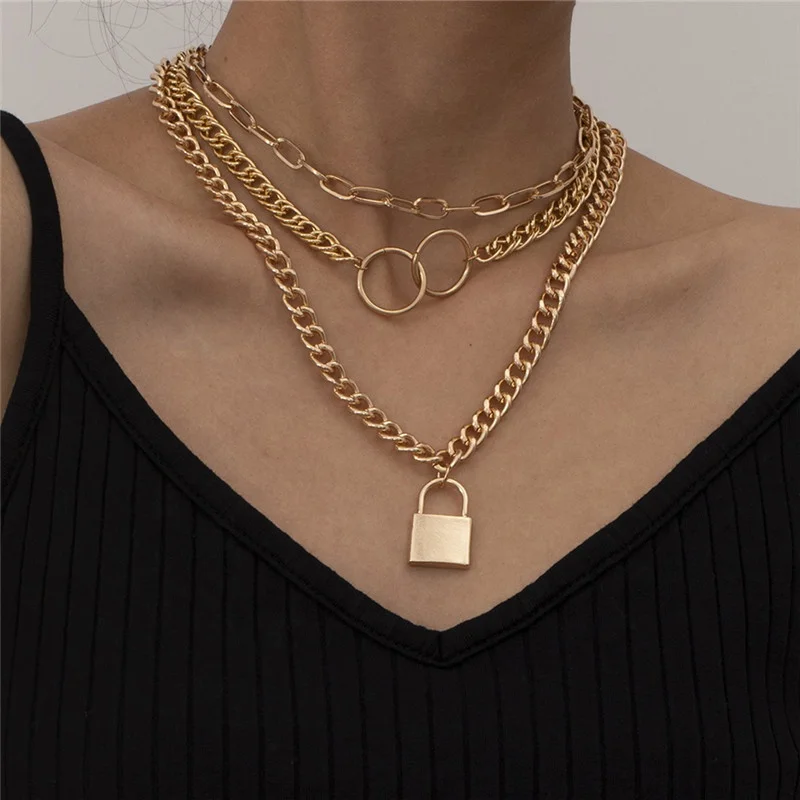 

Yiwu Jiuling Fast delivery hip hop lock pendant customized vogue chain multi layer geometric clavicular chain for womens, Mix color or custom colors