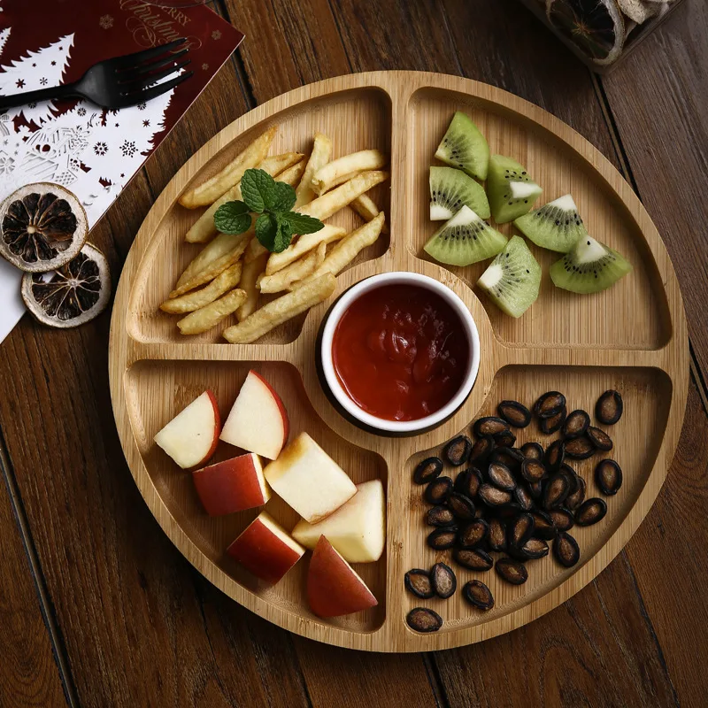 

Hot selling Bamboo living room dried fruit box nut box Wooden four-palace nut box Wedding snack plate melon seeds candy plate