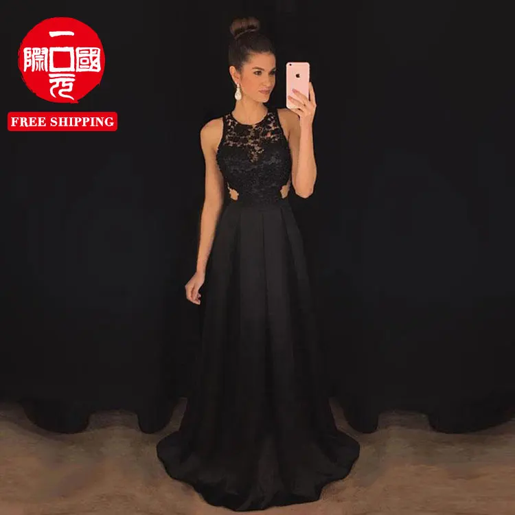 

2021 black slim long high waist lace round neck halter cover belly evening dress