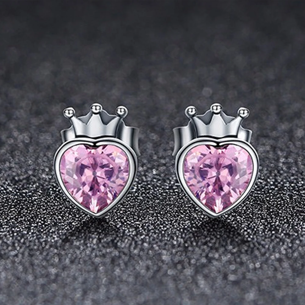 

Customized Cute Crown Pink Heart Fashion Stud Earrings 925 Sterling Silver