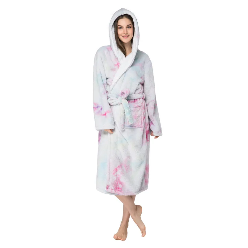 

custom tie-dye printed Sherpa Pajama for women super soft long bathrobe hoodie, Custom / black / red / gray / yellow / beige / wine red