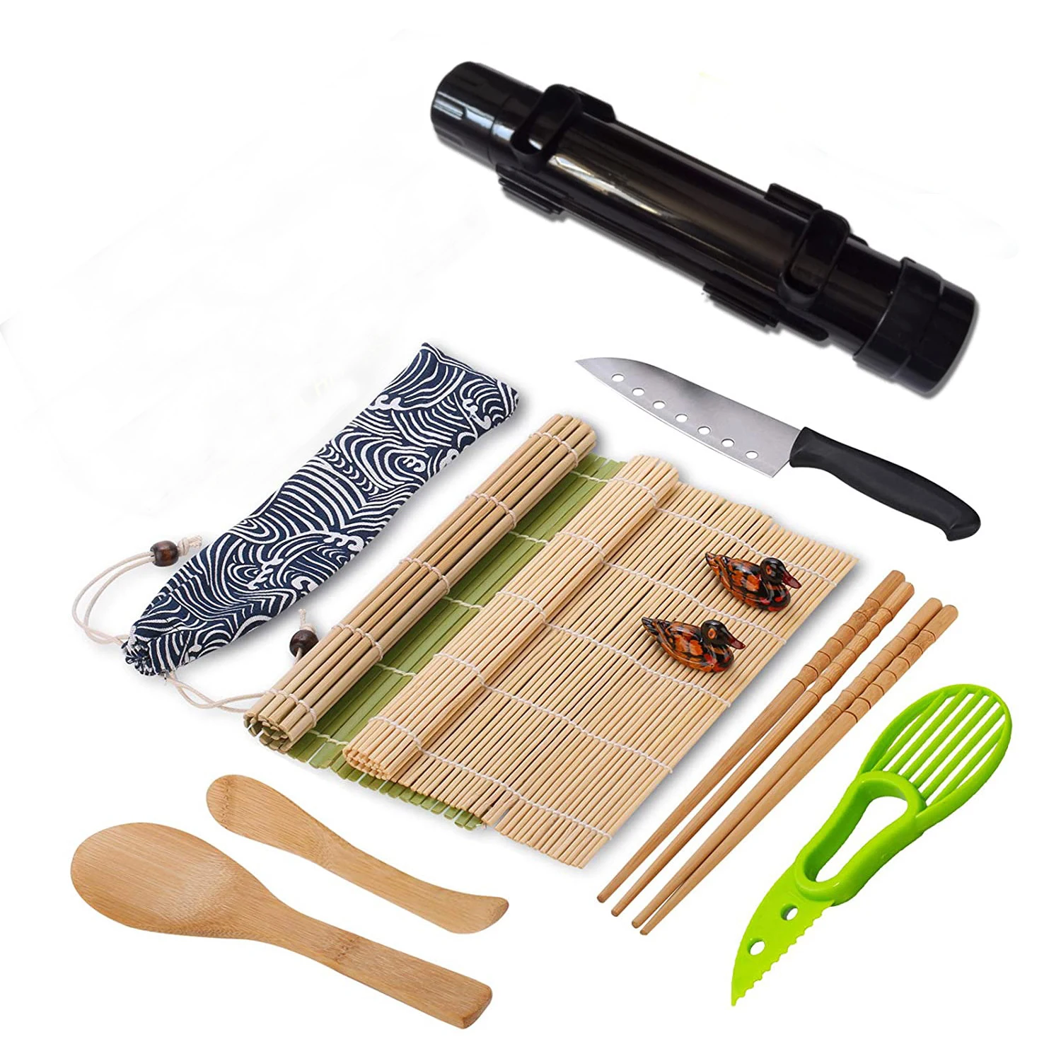 

12pcs Kitchen Set Equipment Beginners Easy Use Home Bamboo Roll Mat Rice Seaweed All One Wood Sushi Making Kit with Bazooka, White, black
