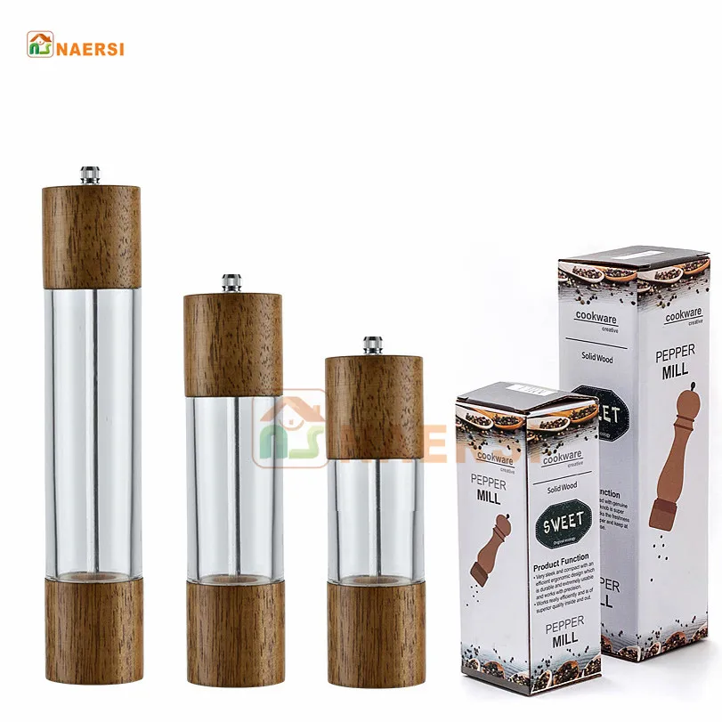 

Wholesale low MOQ Wooden Salt and Pepper Grinder Set, Manual Salt and Pepper Mills with Acrylic Visible Window