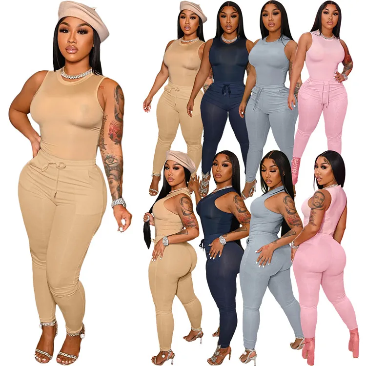 

Custom Logo Casual Ladies Outfits Sleeveless Tops Plus Size Solid Summer Women Two Piece Pants Set, Picture shown