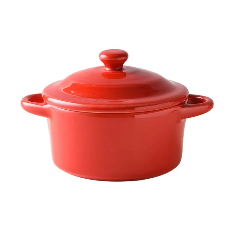 

Factory wholesale colorful glazed baking Casserole oven dish ceramic baking bowl with double handle with lid dinner soup bowl, Red