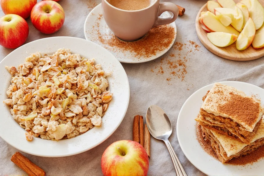 Various foods sprinkled with cinnamon including oatmeal, apple slices, and coffee