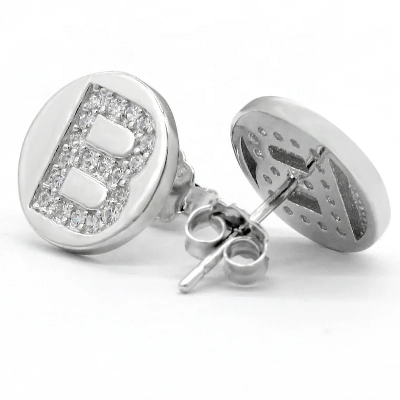 

925 Sterling Silver Clear CZ Letter Alphabet Stub Earring for Women Trendy Jewelry, White gold plated