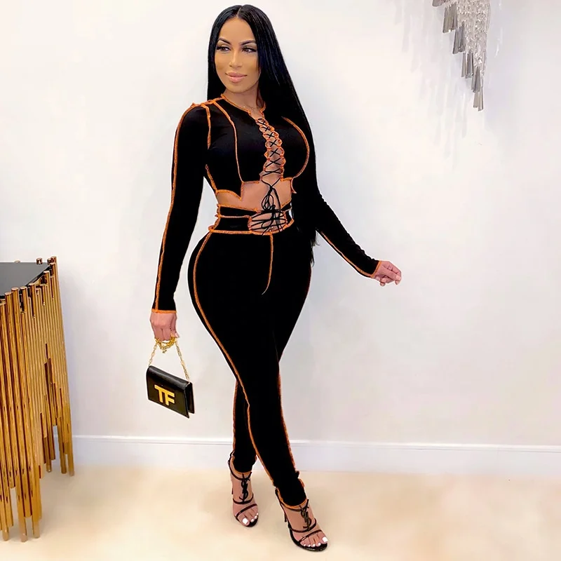 

Womens Clothing Crop Top Two Piece Set Clothes Long Sleeve 2 Piece pants Set With String Two Piec Pant Set