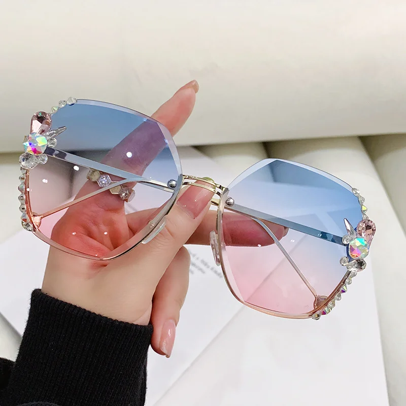 

2022 Rimless Sunglasses Woman Luxury Brand Design Diamond Sun Glasses Gradient Shades Uv400