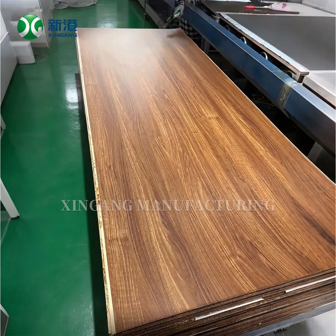 product-1-1 Single oak-faced HPL panel standing beside the press with core edge visible