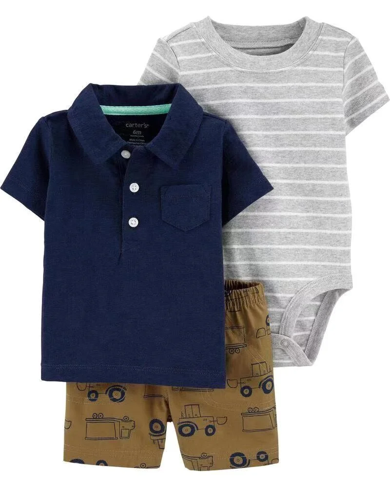 

gift 3-piece baby boy cotton little short with baby romper set, Picture shows
