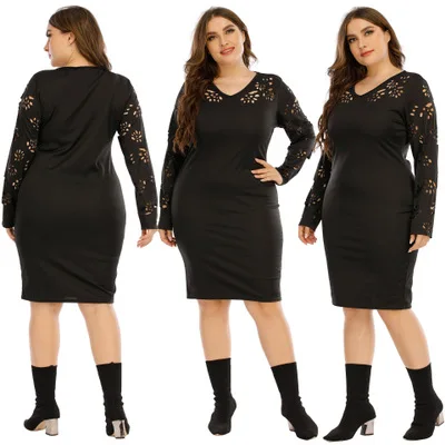 

F11276A High quality women V neck Plus size casual dress 4XL, As picture